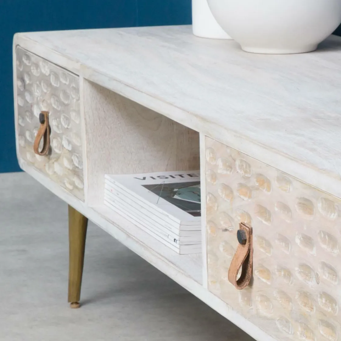 Made in Meubles Meuble Tv<Meuble TV en bois de manguier blanchi Rhodes