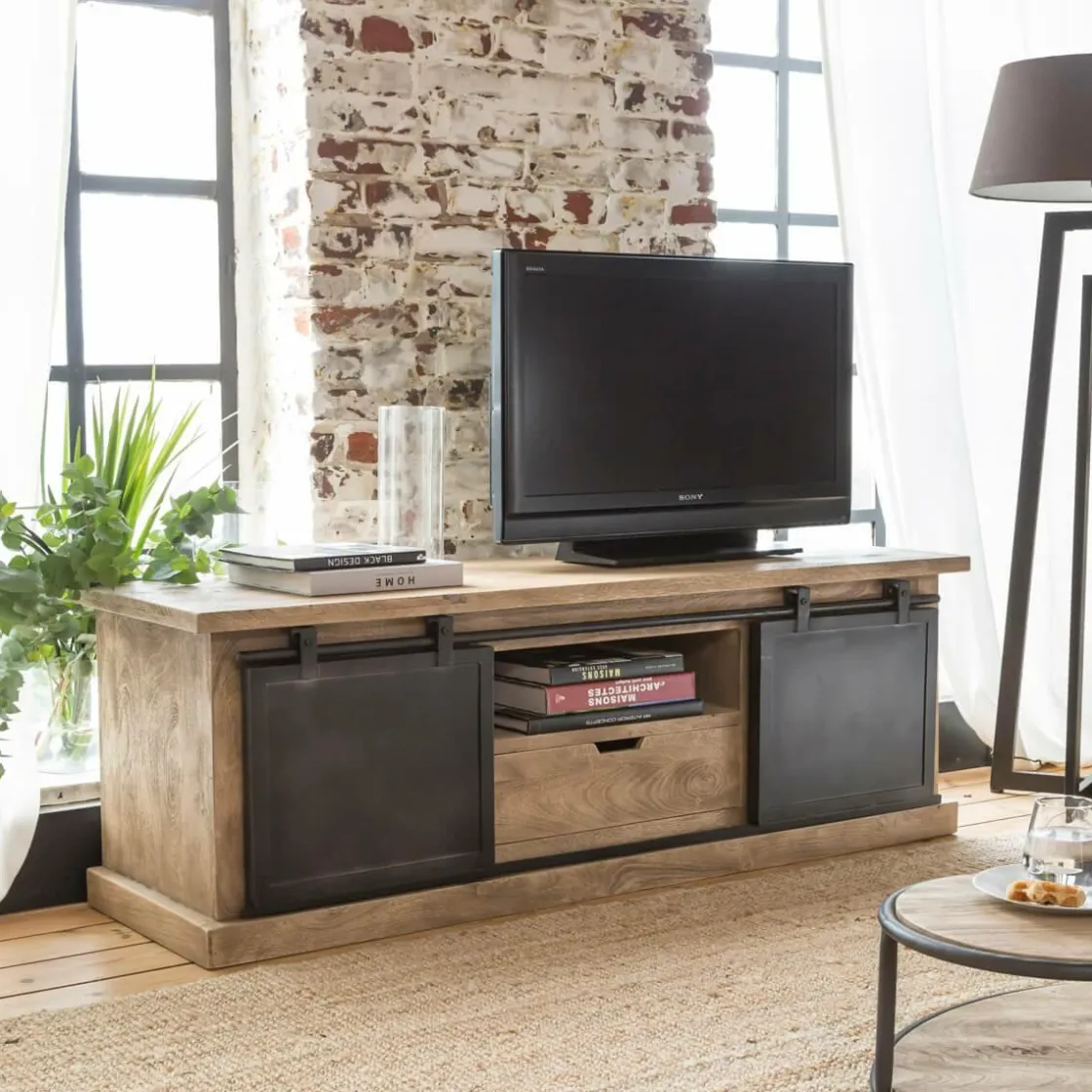 Made in Meubles Meuble Tv<Meuble TV en bois de manguier brossé et métal noir 150 cm Helsinki