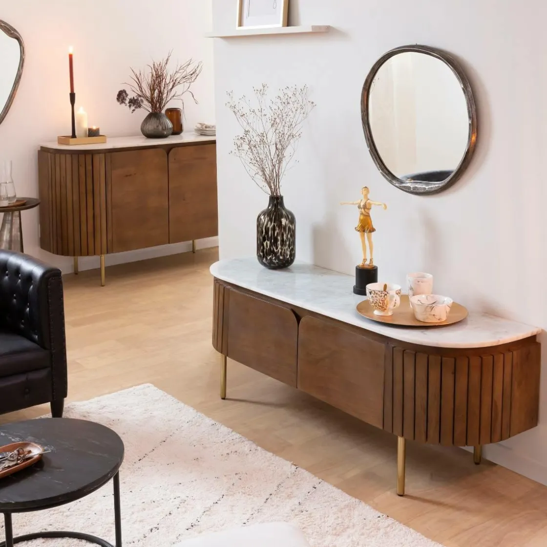 Made in Meubles Meuble Tv<Meuble TV en bois de manguier et marbre Sienne