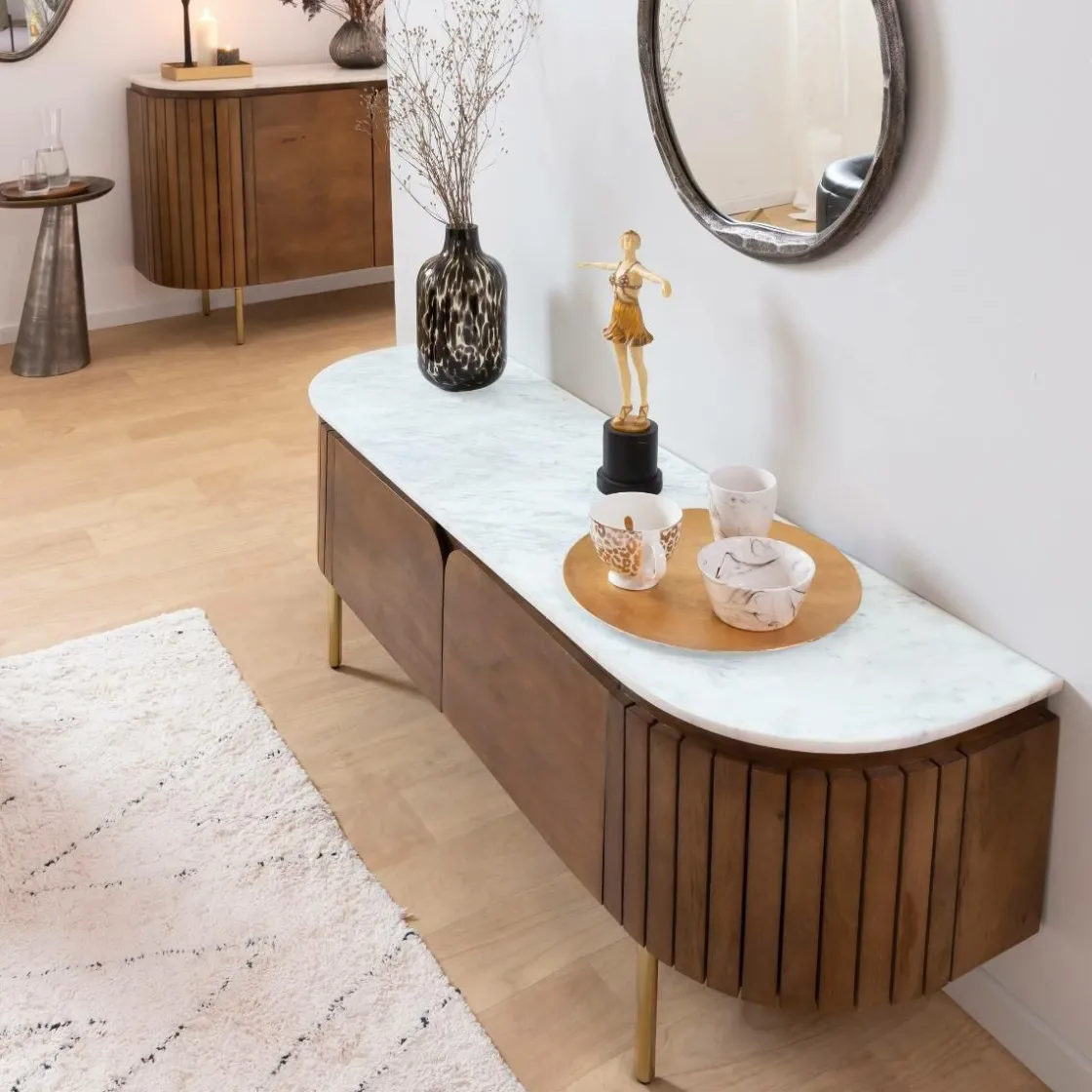 Made in Meubles Meuble Tv<Meuble TV en bois de manguier et marbre Sienne