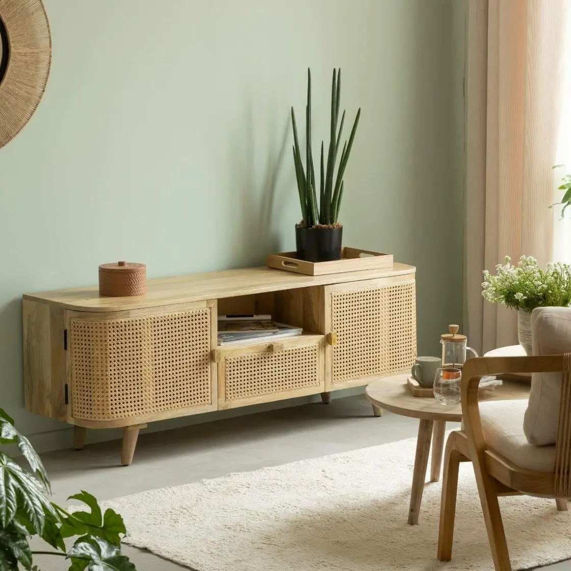Made in Meubles Meuble Tv<Meuble TV en bois de manguier et cannage Palma
