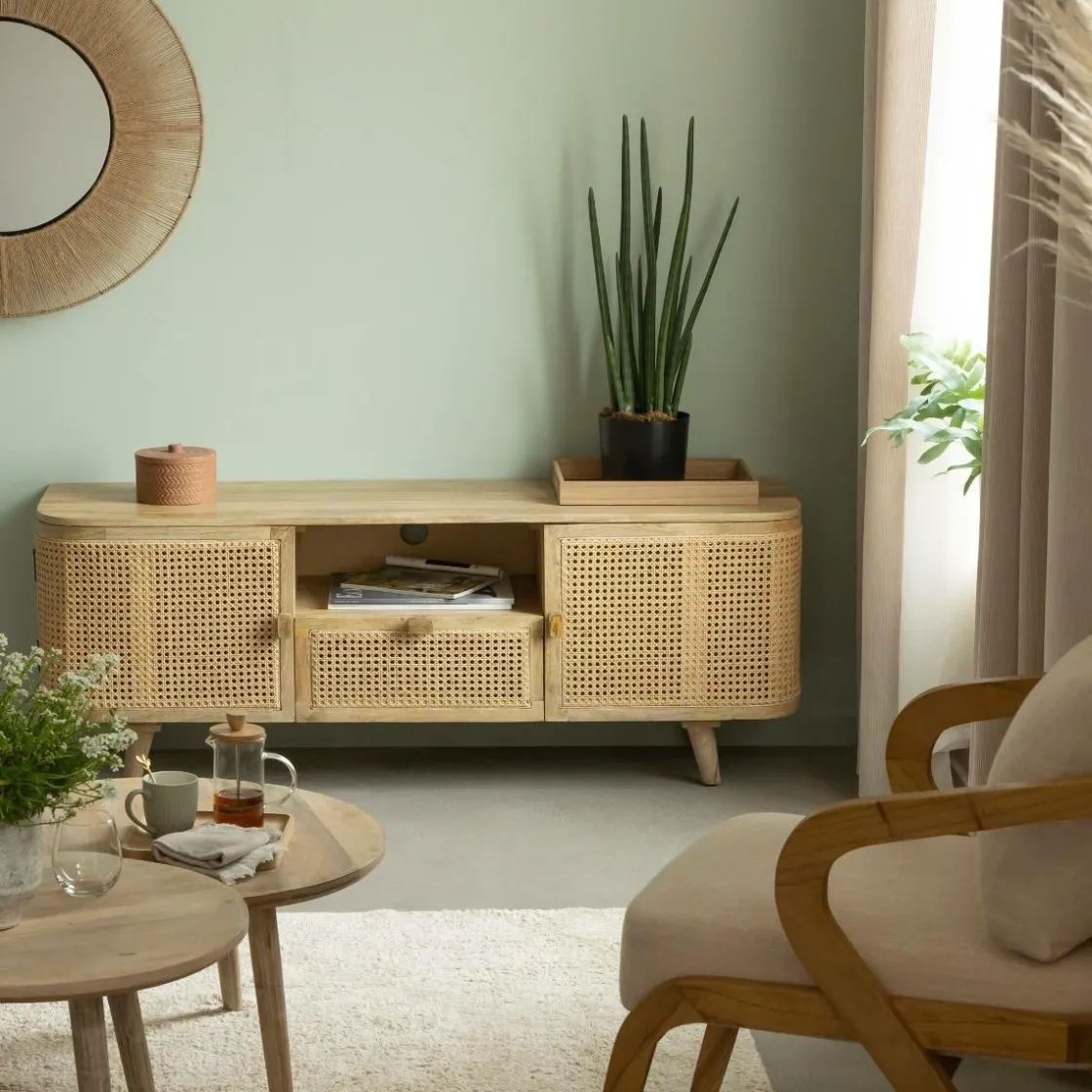 Made in Meubles Meuble Tv<Meuble TV en bois de manguier et cannage Palma