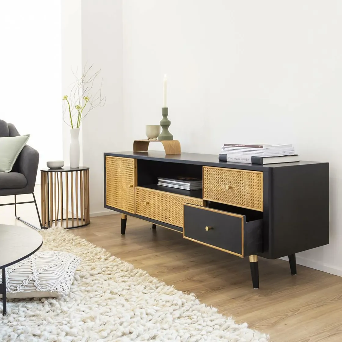 Made in Meubles Meuble Tv<Meuble TV en cannage et métal Volterra