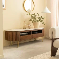 Made in Meubles Meuble Tv<Meuble TV en marbre et bois de manguier Sienne