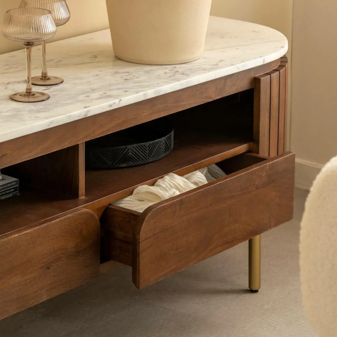 Made in Meubles Meuble Tv<Meuble TV en marbre et bois de manguier Sienne