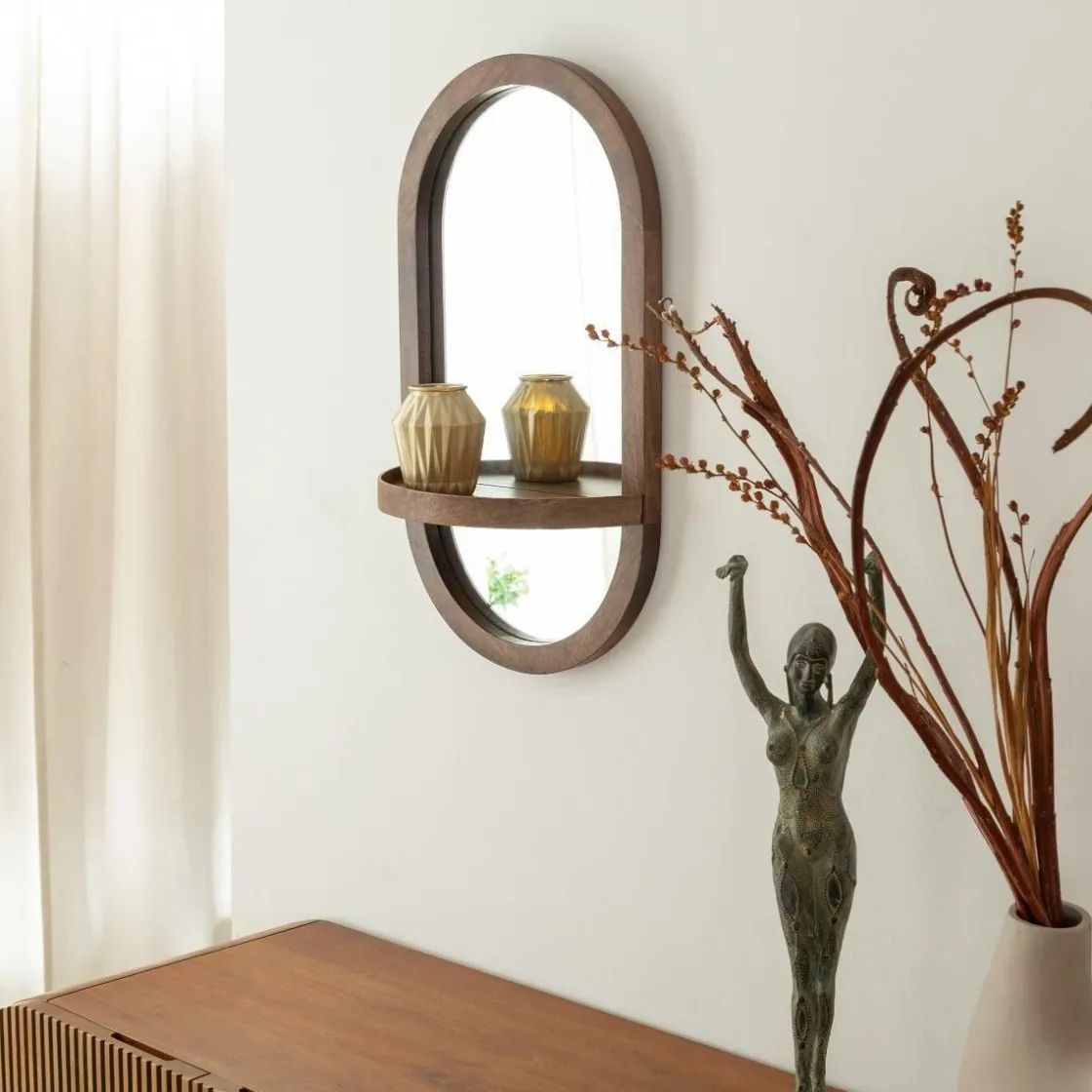 Made in Meubles Miroir|Décoration<Miroir ovale avec étagère en bois de manguier Marley
