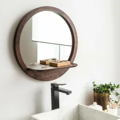 Made in Meubles Miroir|Décoration<Miroir rond avec étagère en bois de manguier Marley