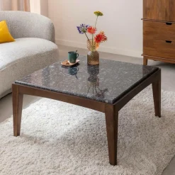 Made in Meubles Table Basse<Table basse carrée en bois de manguier et marbre noir Ilithe