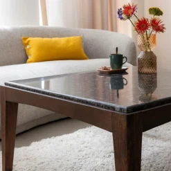 Made in Meubles Table Basse<Table basse carrée en bois de manguier et marbre noir Ilithe