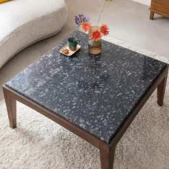 Made in Meubles Table Basse<Table basse carrée en bois de manguier et marbre noir Ilithe