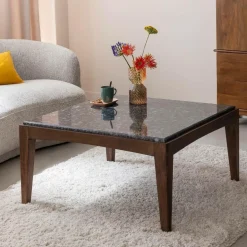 Made in Meubles Table Basse<Table basse carrée en bois de manguier et marbre noir Ilithe