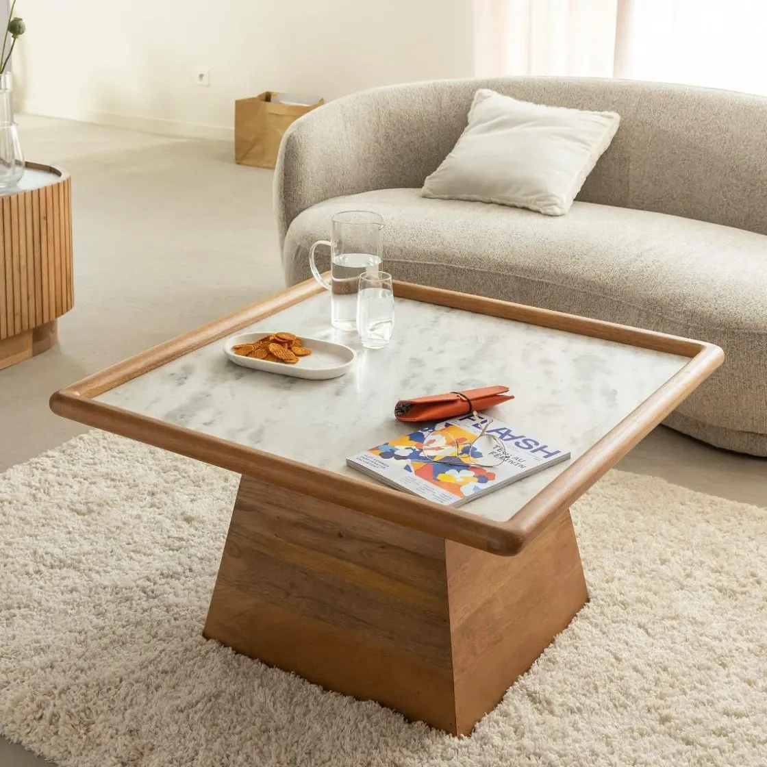 Made in Meubles Table Basse<Table basse carrée en bois de manguier et marbre Adler