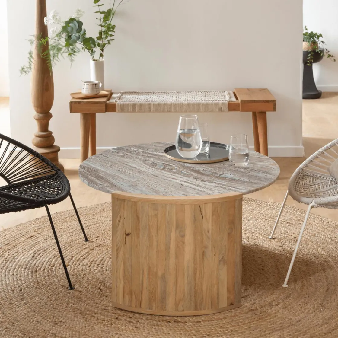 Made in Meubles Table Basse<Table basse en bois de manguier et marbre Isabella