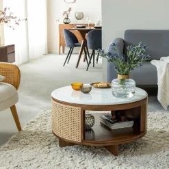 Made in Meubles Table Basse<Table basse en bois de manguier, cannage et marbre Brook