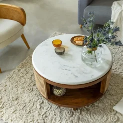 Made in Meubles Table Basse<Table basse en bois de manguier, cannage et marbre Brook