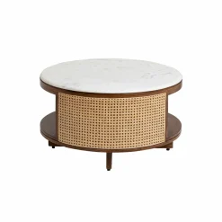 Made in Meubles Table Basse<Table basse en bois de manguier, cannage et marbre Brook