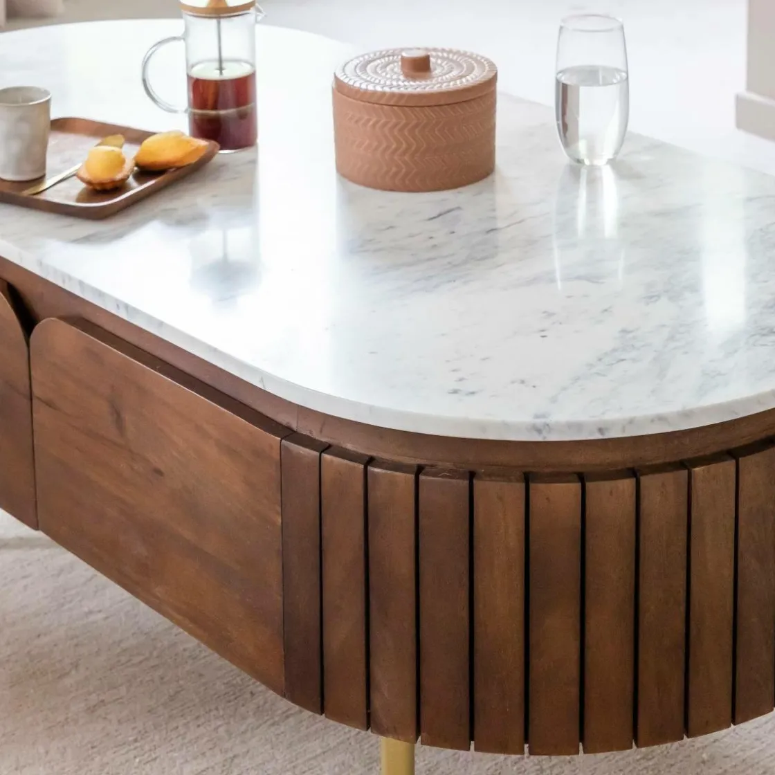 Made in Meubles Table Basse<Table basse en bois de manguier et marbre Sienne