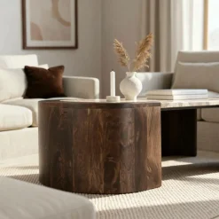 Made in Meubles Table Basse<Table basse ovale en bois de manguier et marbre Agnès