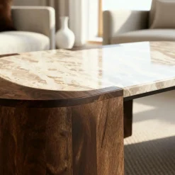 Made in Meubles Table Basse<Table basse ovale en bois de manguier et marbre Agnès