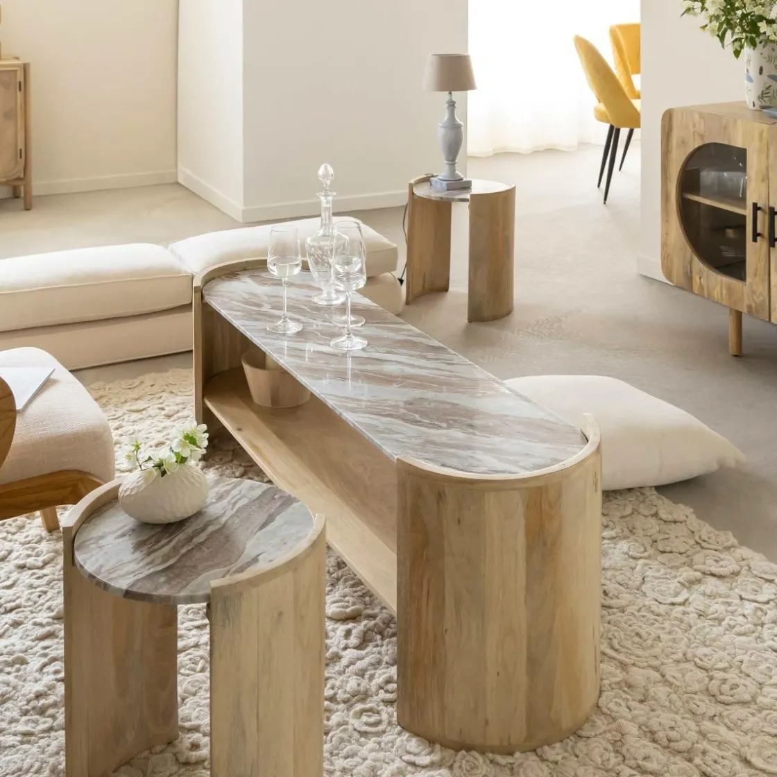 Made in Meubles Table Basse|Meuble Tv<Table basse ovale en bois de manguier et marbre Isabella