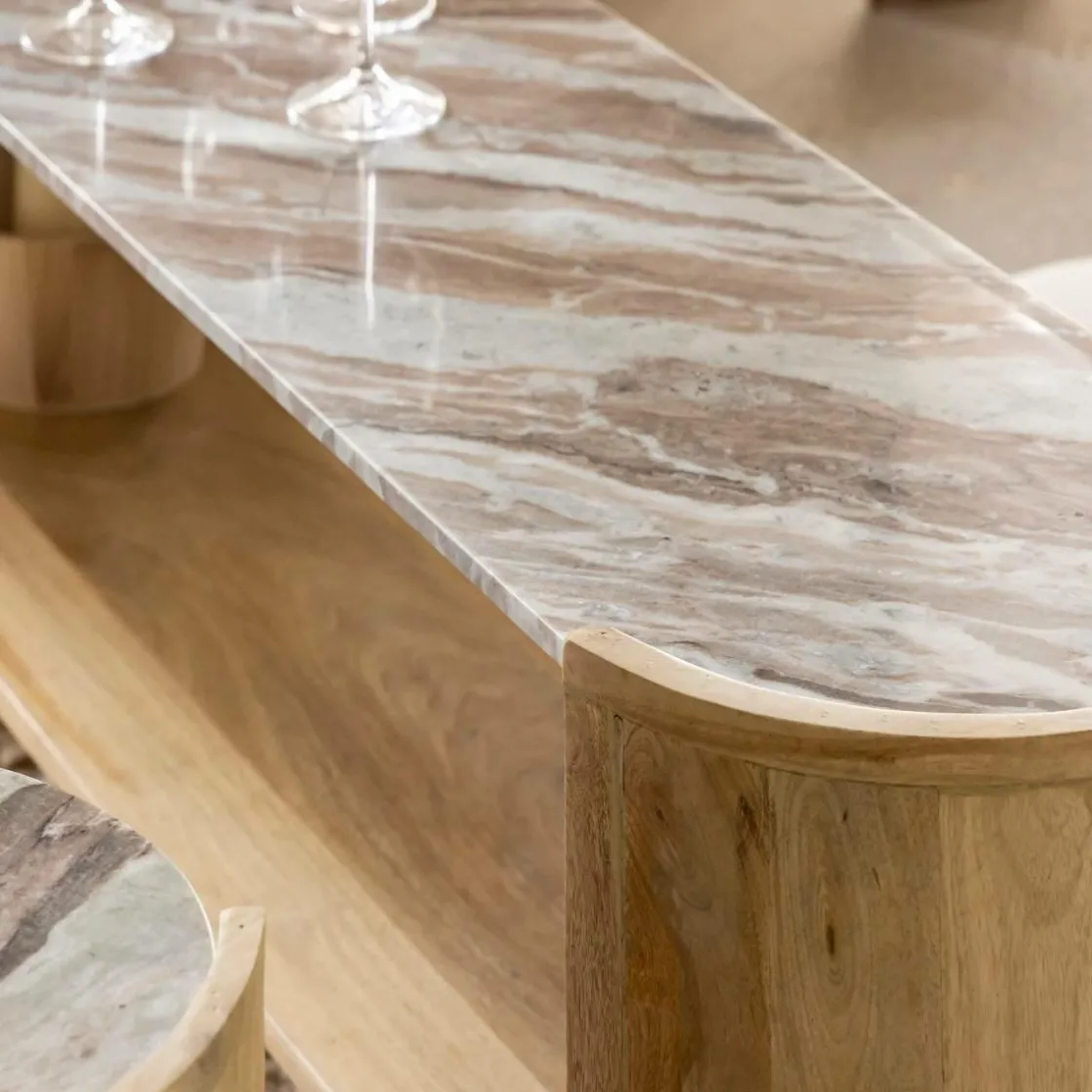 Made in Meubles Table Basse|Meuble Tv<Table basse ovale en bois de manguier et marbre Isabella