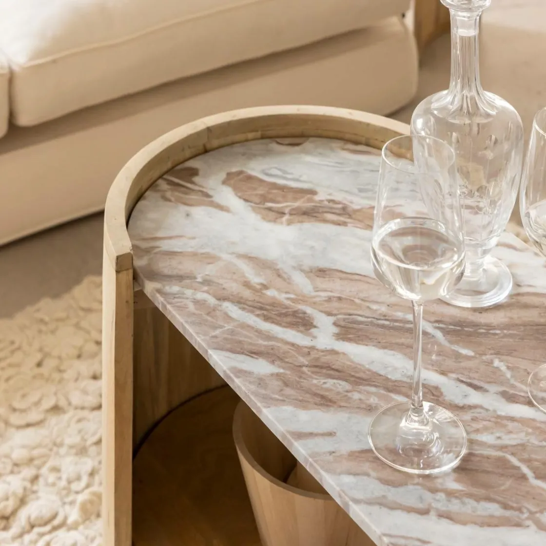 Made in Meubles Table Basse|Meuble Tv<Table basse ovale en bois de manguier et marbre Isabella