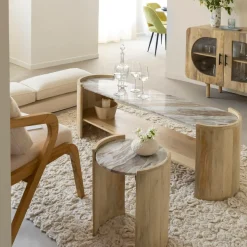 Made in Meubles Table Basse|Meuble Tv<Table basse ovale en bois de manguier et marbre Isabella