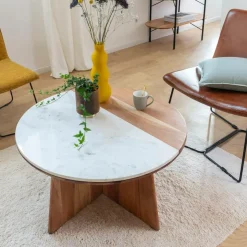 Made in Meubles Table Basse<Table basse ronde en bois d'acacia et marbre Homère