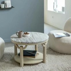 Made in Meubles Table Basse<Table basse ronde en bois de manguier et marbre Isabella