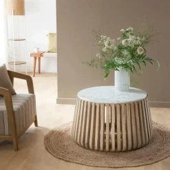 Made in Meubles Table Basse<Table basse ronde en bois de manguier et marbre blanc Moana