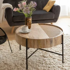 Made in Meubles Table Basse<Table basse ronde en bois et en cannage Lucie