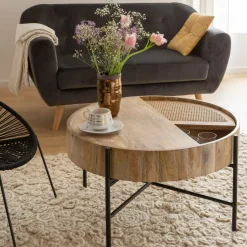 Made in Meubles Table Basse<Table basse ronde en bois et en cannage Lucie