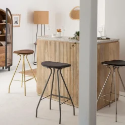 Made in Meubles Tabouret De Bar<Tabouret de bar en cuir gris et métal Lya