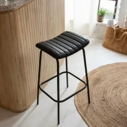 Made in Meubles Tabouret De Bar<Tabouret de bar en cuir noir et métal Alexandre (lot de 2)