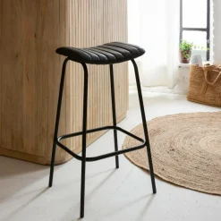 Made in Meubles Tabouret De Bar<Tabouret de bar en cuir noir et métal Alexandre (lot de 2)