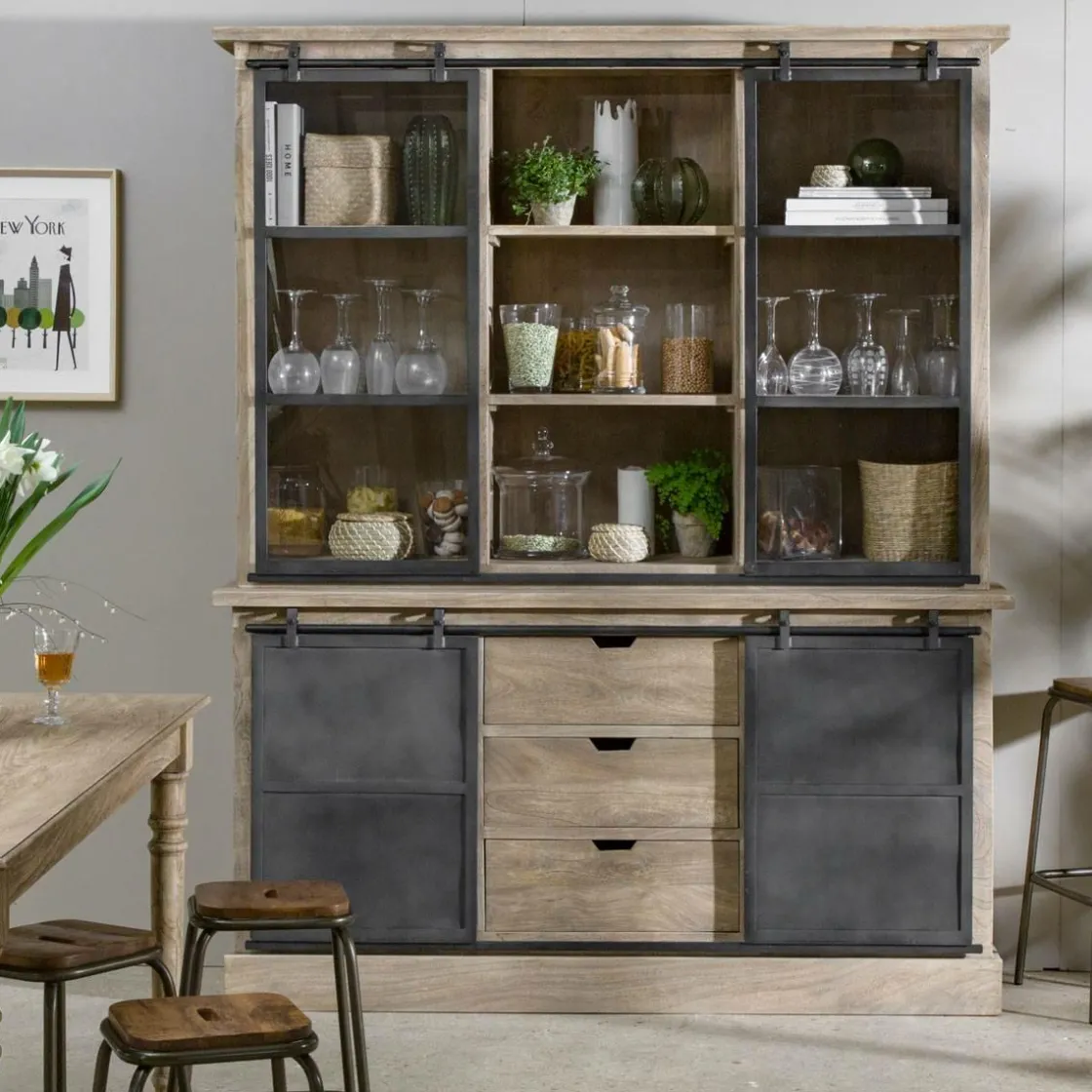 Made in Meubles Vaisselier<Vaisselier en bois de manguier brossé et métal gris Helsinki