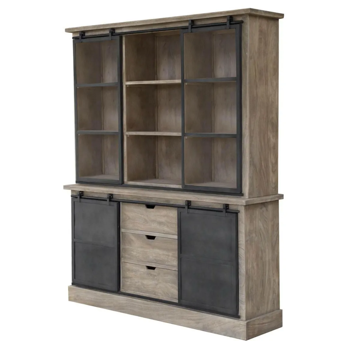 Made in Meubles Vaisselier<Vaisselier en bois de manguier brossé et métal gris Helsinki