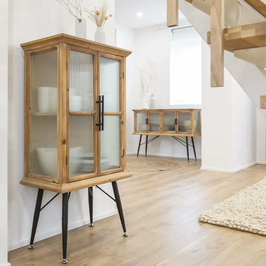 Made in Meubles Vaisselier|Vitrine<Vitrine en bois de sapin et verre strié 2 portes Nicole